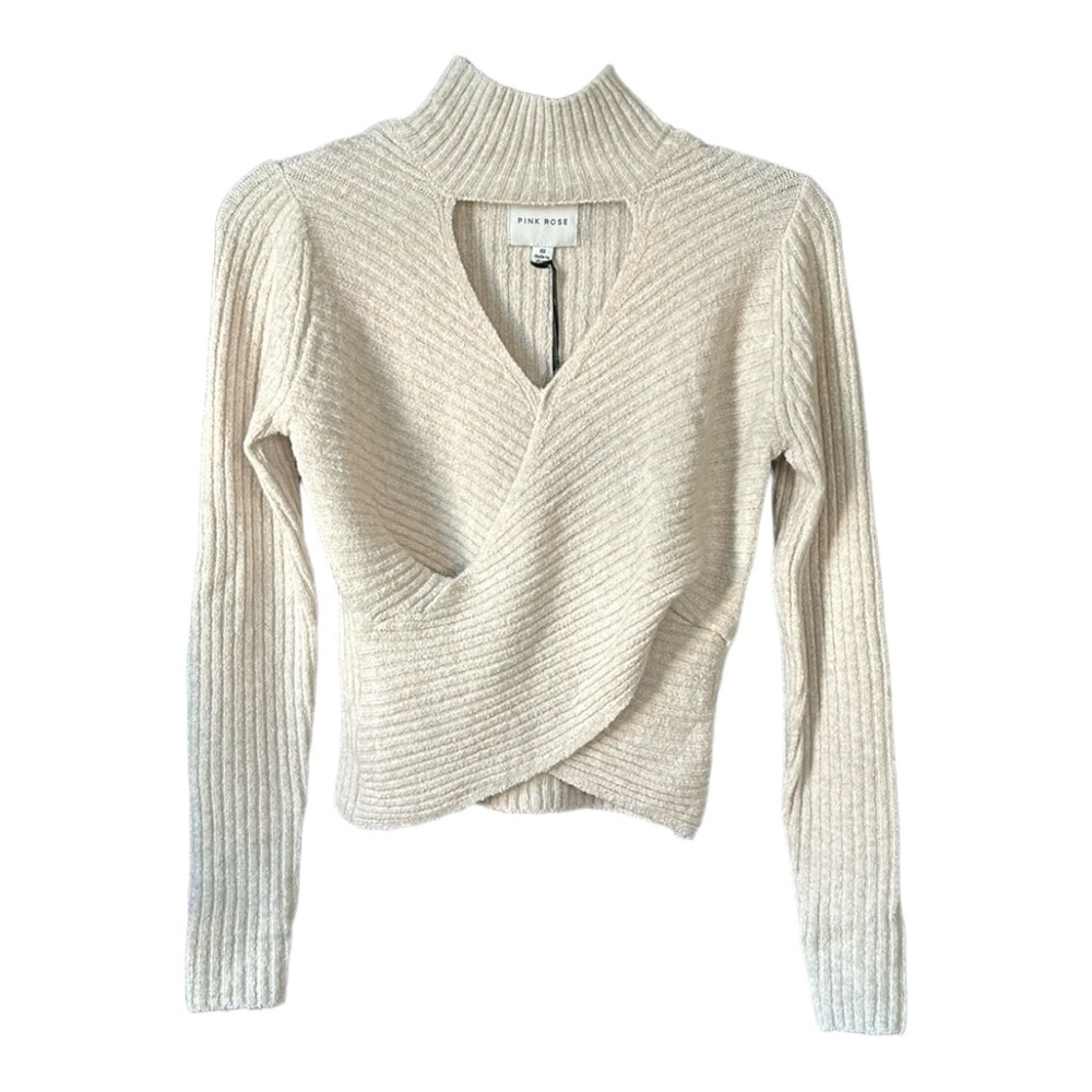 Pink Rose Cream Mock Neck Key Hole Long Sleeve Cross Waist Sweater